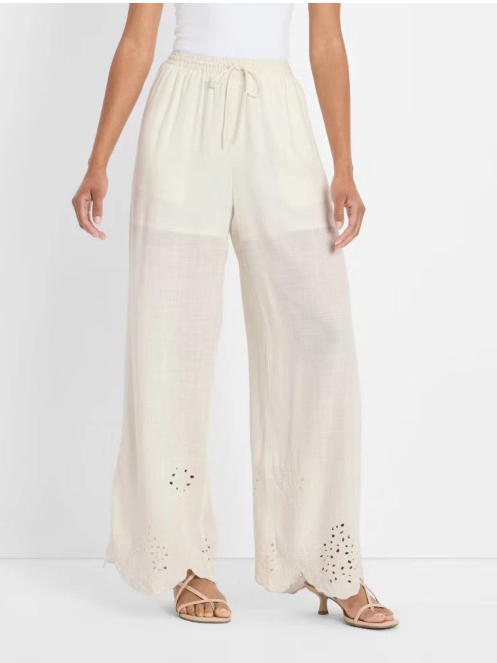 NWT Future Collective High-Rise Wide-Leg Eyelet Pull-On Pants off-white Large
